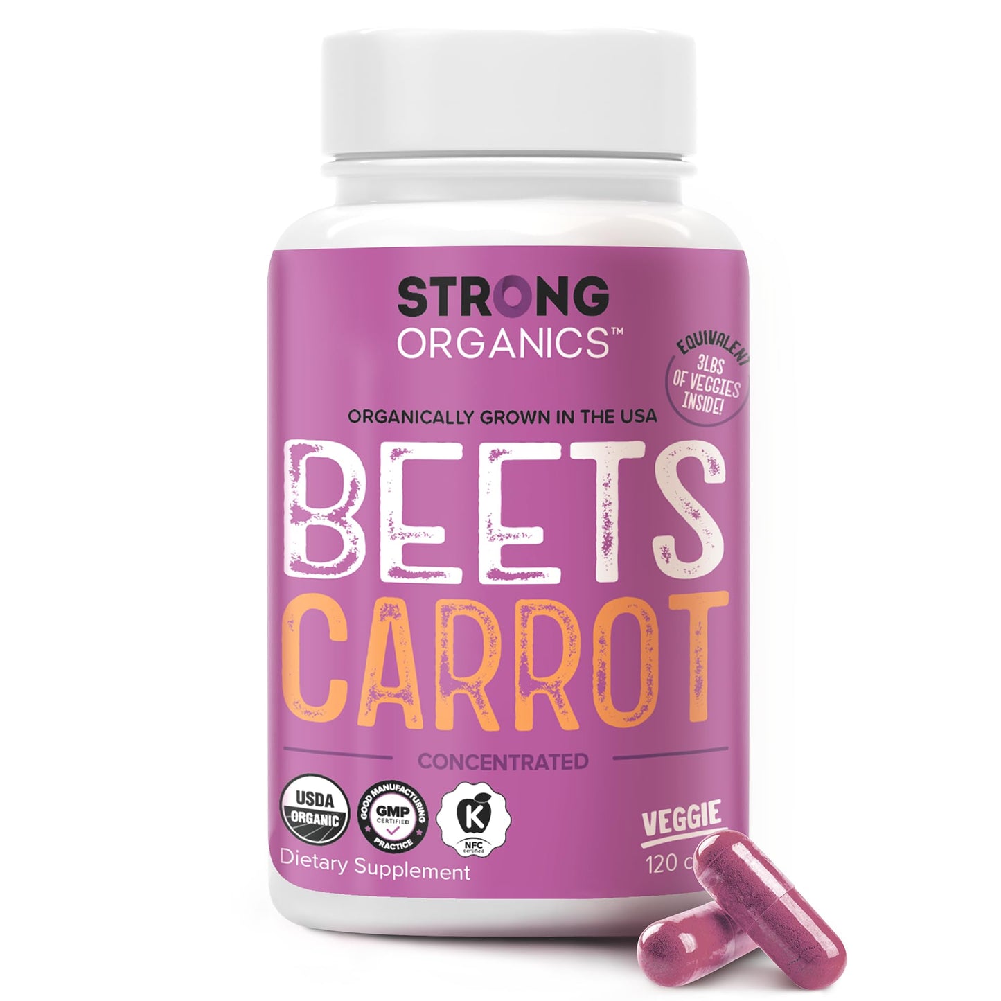 Strong Organics Beet & Carrot Capsules – Nitric Oxide Booster | USA Grown, 120 Vegan Caps