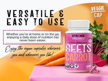 Strong Organics Beet & Carrot Capsules – Nitric Oxide Booster | USA Grown, 120 Vegan Caps