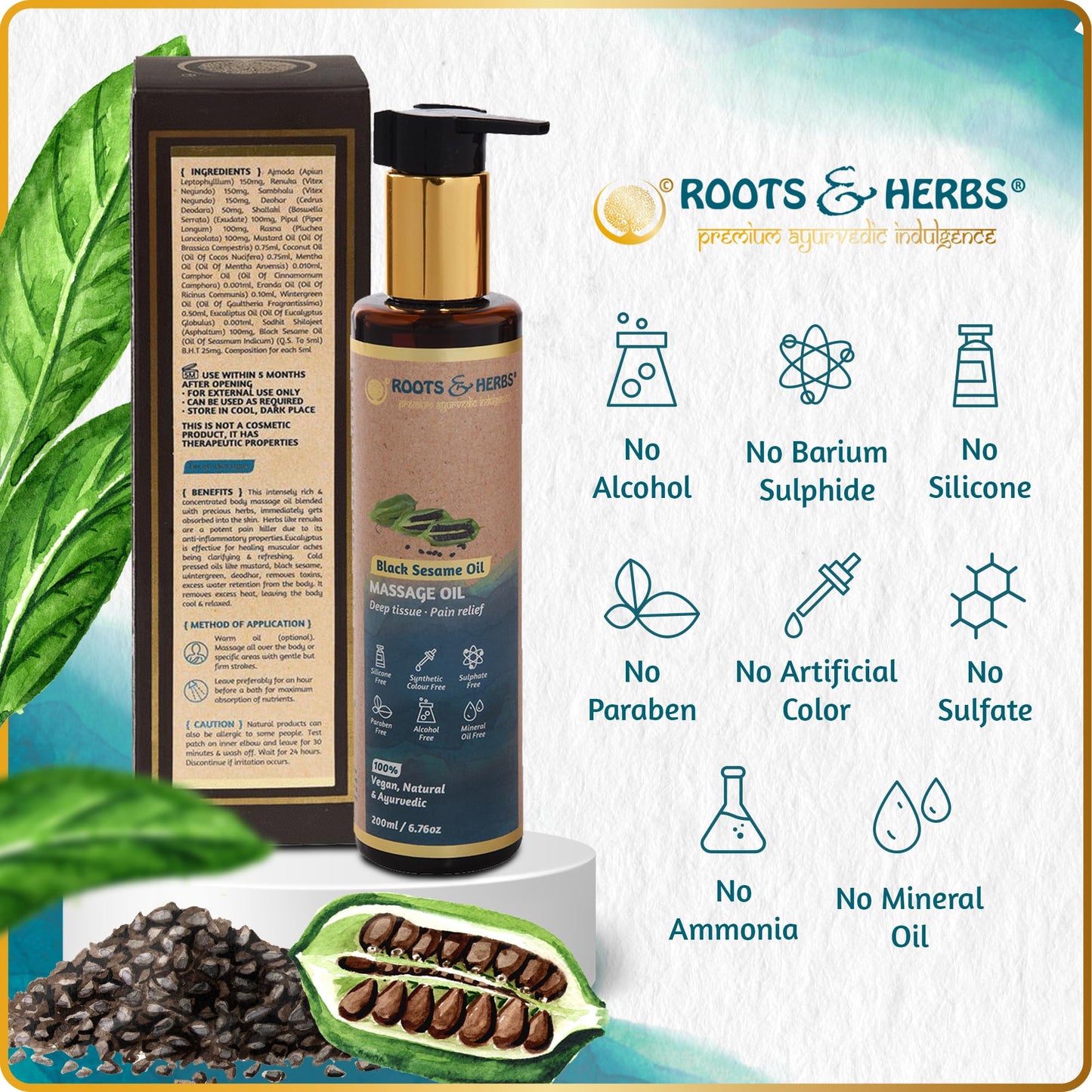 Black Sesame Seed Oil - Body Massage Oil with Cold-Pressed Black Seed & Ayurvedic Herbs | Roots and Herbs