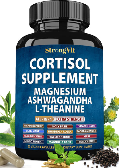 StrongVit Cortisol Supplements for Women and Men with Magnesium, Ashwagandha & L-Theanine | Sleep Support, Stress Relief & Cortisol Management USA