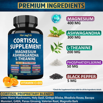 StrongVit Cortisol Supplements for Women and Men with Magnesium, Ashwagandha & L-Theanine | Sleep Support, Stress Relief & Cortisol Management USA