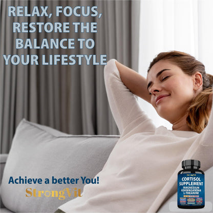 StrongVit Cortisol Supplements for Women and Men with Magnesium, Ashwagandha & L-Theanine | Sleep Support, Stress Relief & Cortisol Management USA