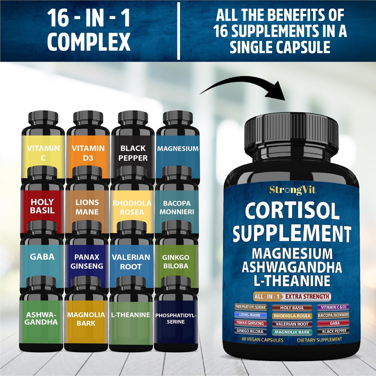 StrongVit Cortisol Supplements for Women and Men with Magnesium, Ashwagandha & L-Theanine | Sleep Support, Stress Relief & Cortisol Management USA