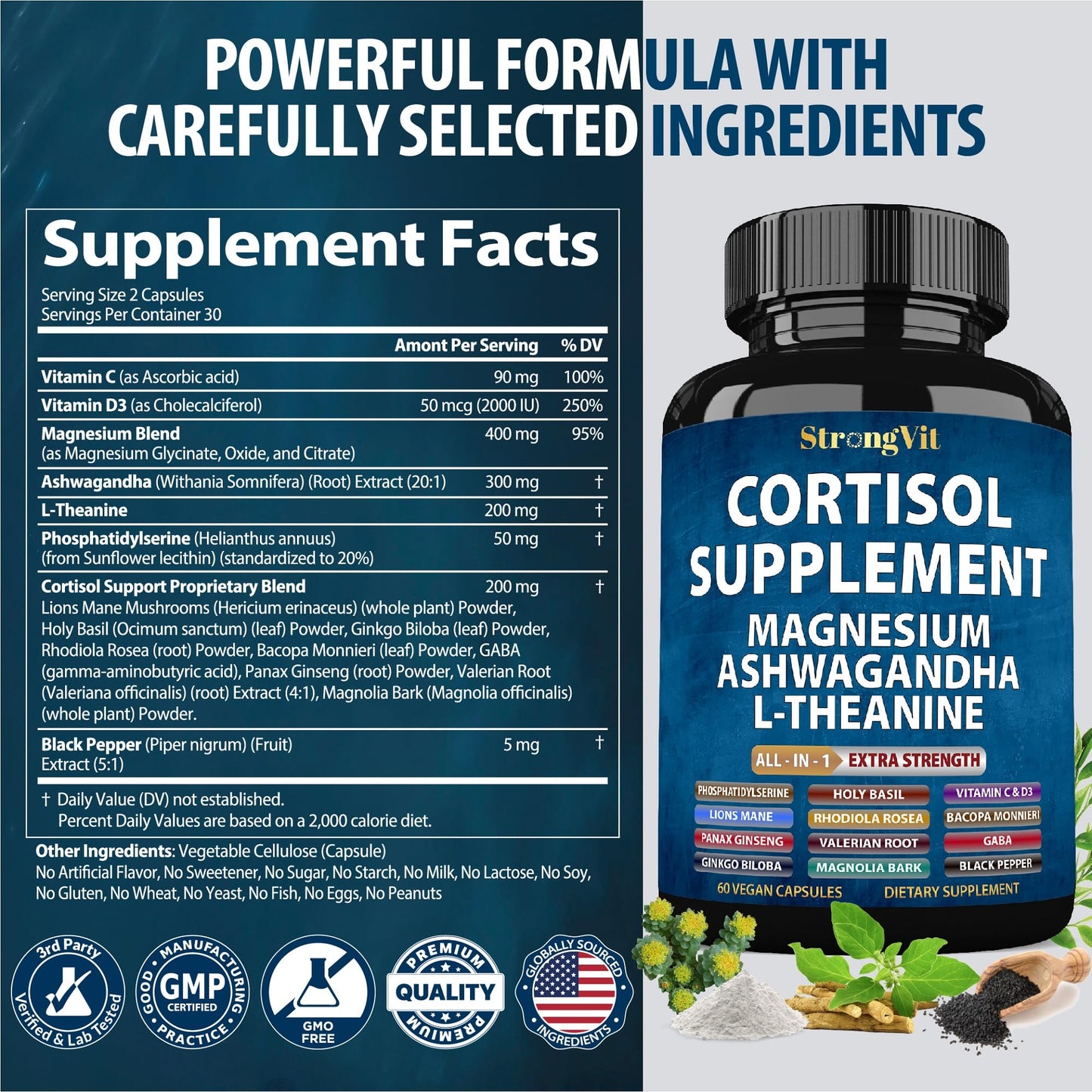 StrongVit Cortisol Supplements for Women and Men with Magnesium, Ashwagandha & L-Theanine | Sleep Support, Stress Relief & Cortisol Management USA
