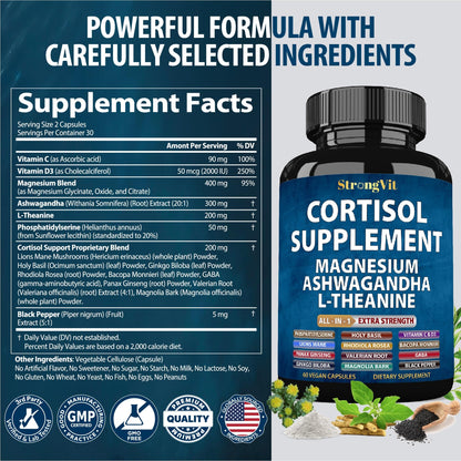 StrongVit Cortisol Supplements for Women and Men with Magnesium, Ashwagandha & L-Theanine | Sleep Support, Stress Relief & Cortisol Management USA