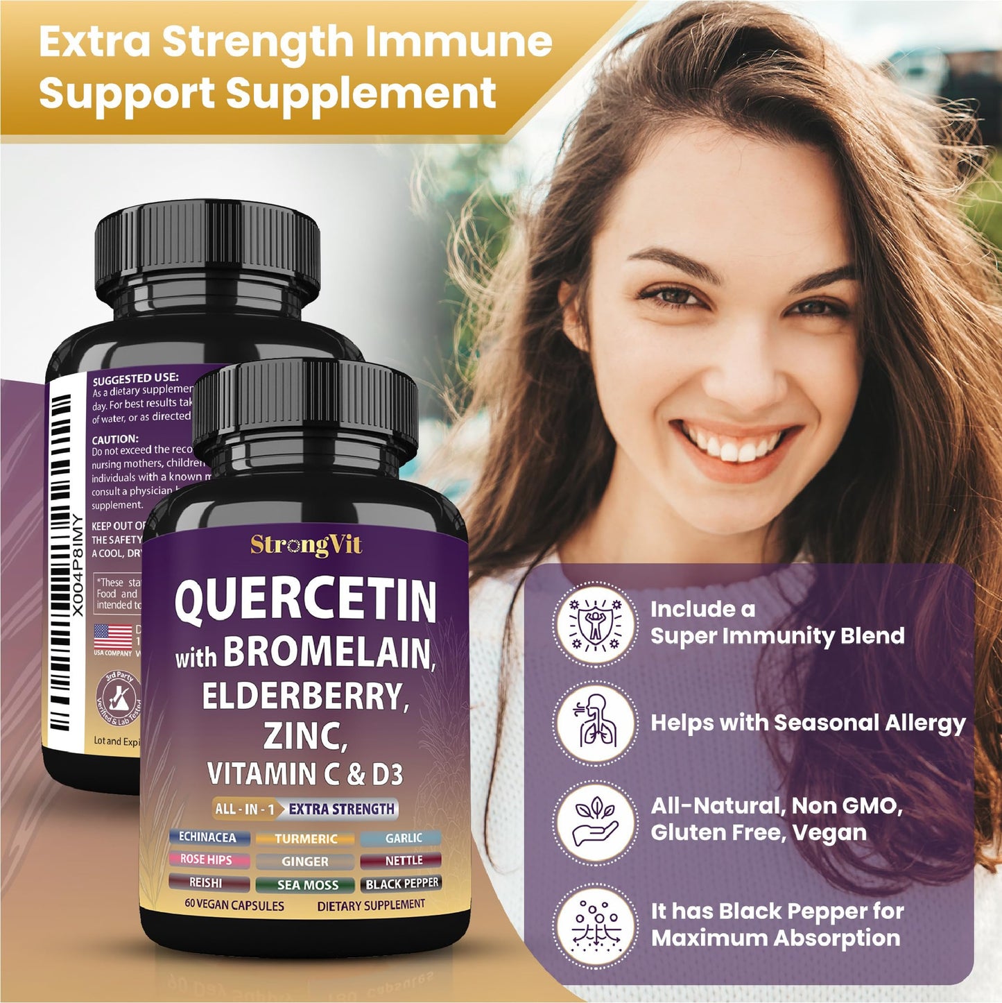 StrongVit Quercetin with Bromelain – Immune Support Supplement (Vegan, Non-GMO, Gluten-Free, USA)