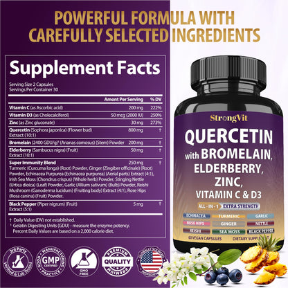 StrongVit Quercetin with Bromelain – Immune Support Supplement (Vegan, Non-GMO, Gluten-Free, USA)