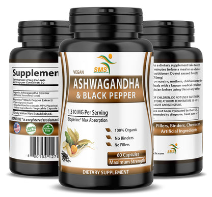 Ashwagandha Capsules with Black Pepper – Extra Strength for Stress, Focus & Mood (60 Capsules)