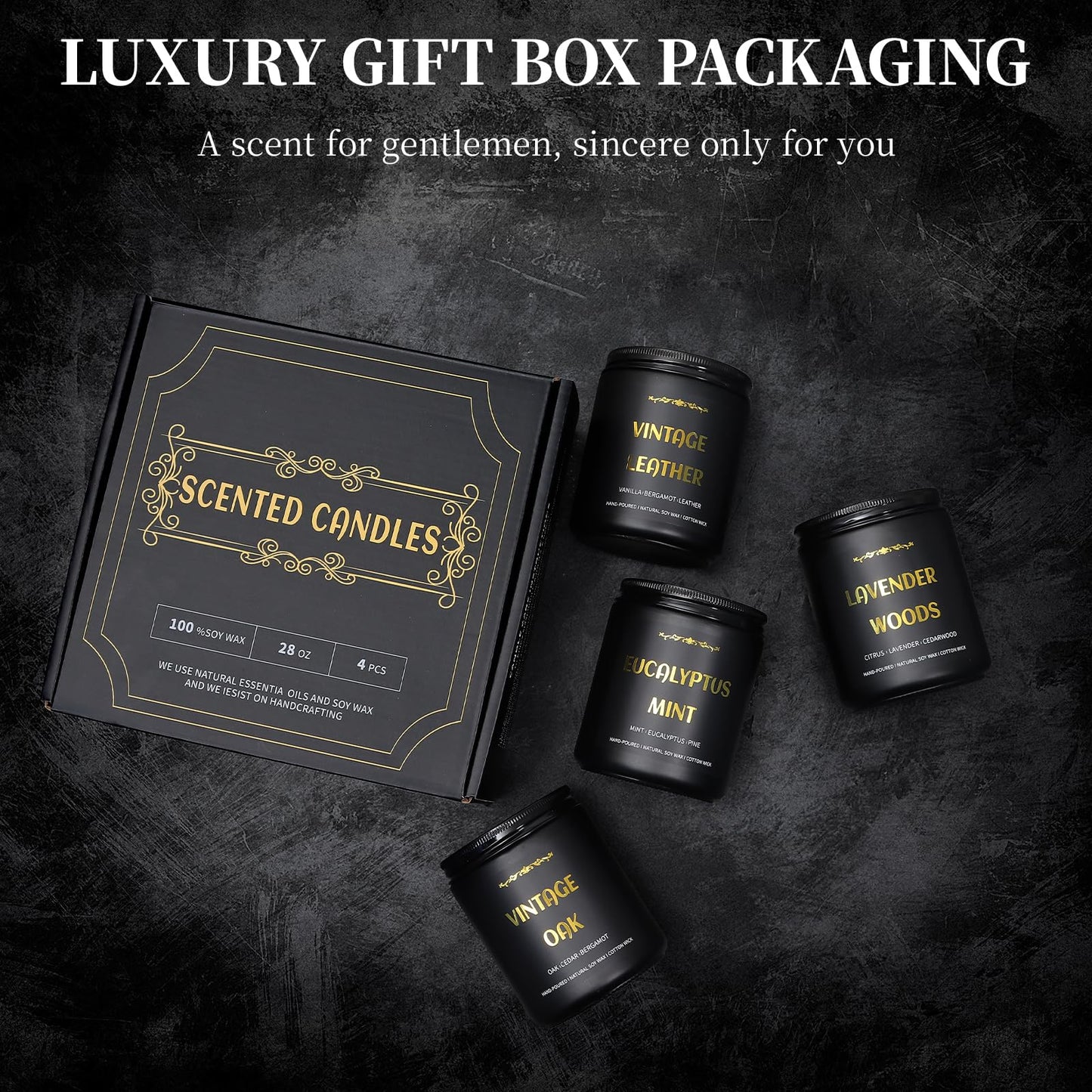 Men's Scented Candles - 4 Pack Soy Candles (28oz, 200h) Leather, Oak, Lavender & Eucalyptus