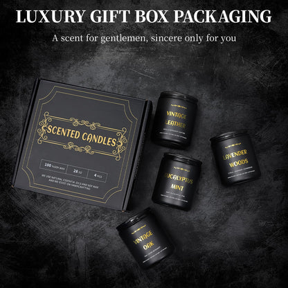 Men's Scented Candles - 4 Pack Soy Candles (28oz, 200h) Leather, Oak, Lavender & Eucalyptus