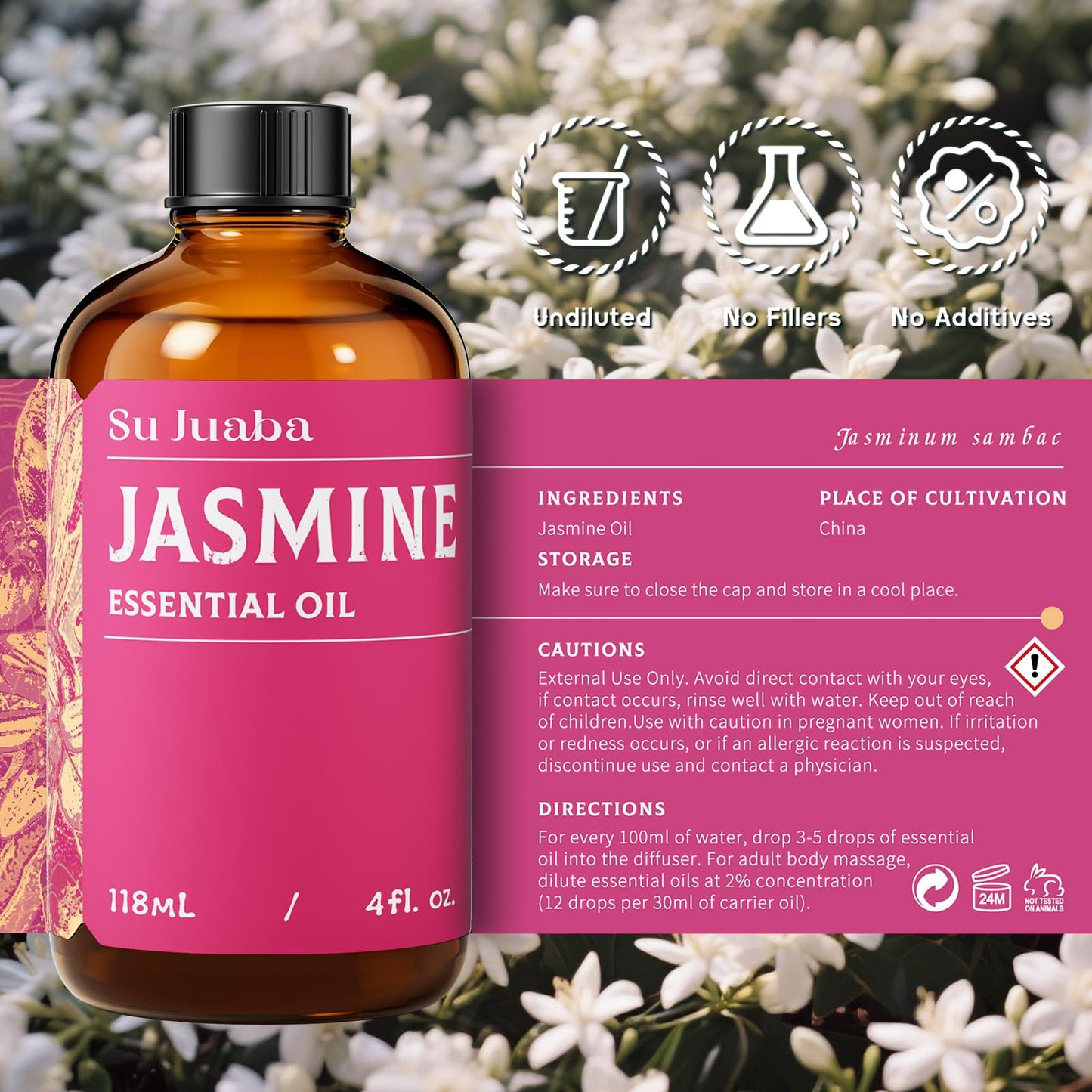 SU JUABA Jasmine Essential Oil 4 oz (118 ml) - 100% Pure Aromatherapy, Skin & Hair Care