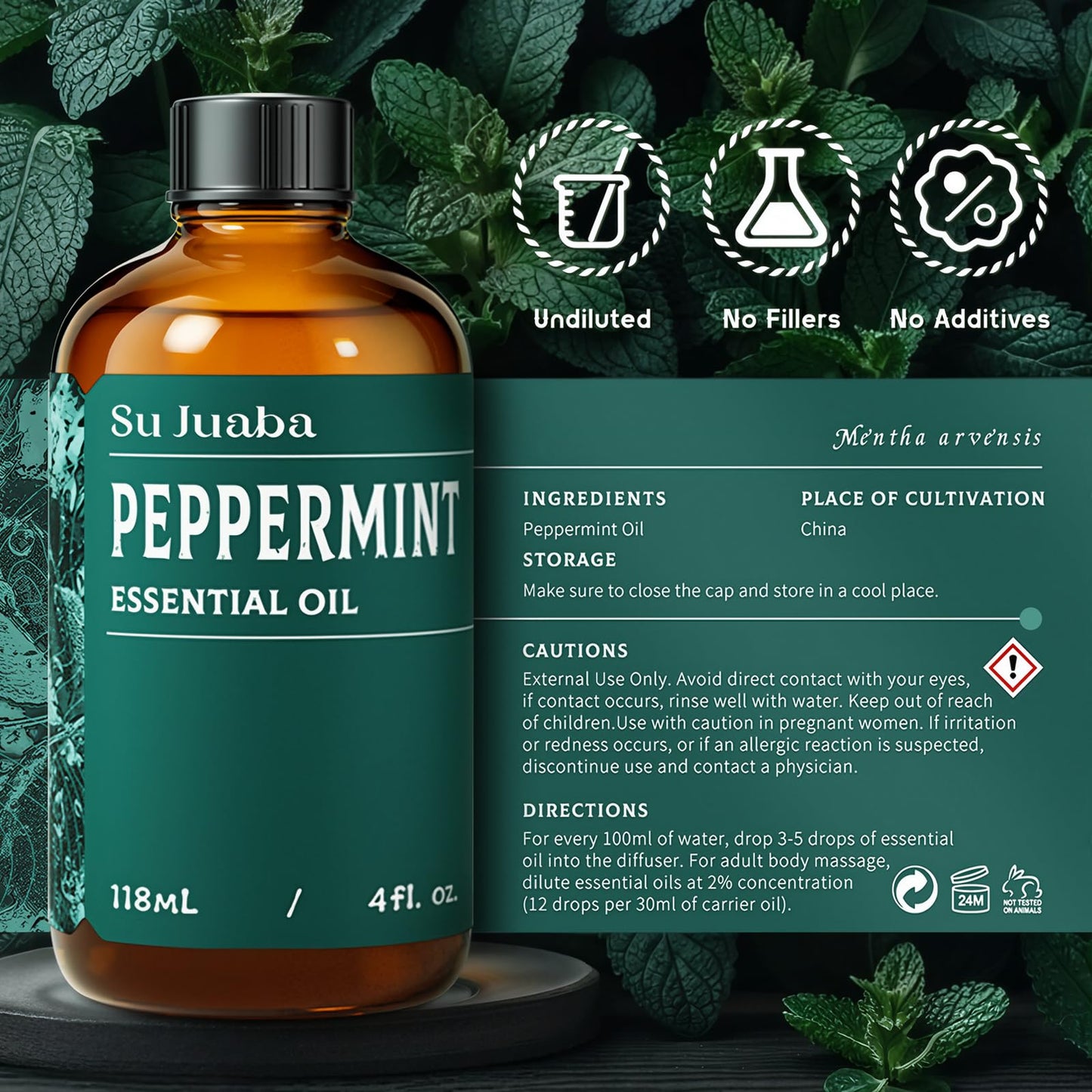 SU JUABA Peppermint Essential Oil - 4 oz / 118 ml, 100% Pure & Natural for Aromatherapy, Diffuser, Skin & Hair