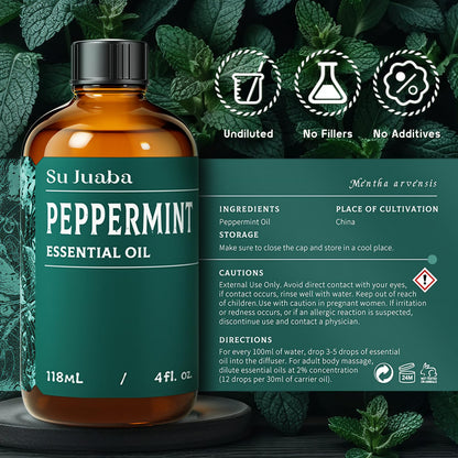 SU JUABA Peppermint Essential Oil - 4 oz / 118 ml, 100% Pure & Natural for Aromatherapy, Diffuser, Skin & Hair