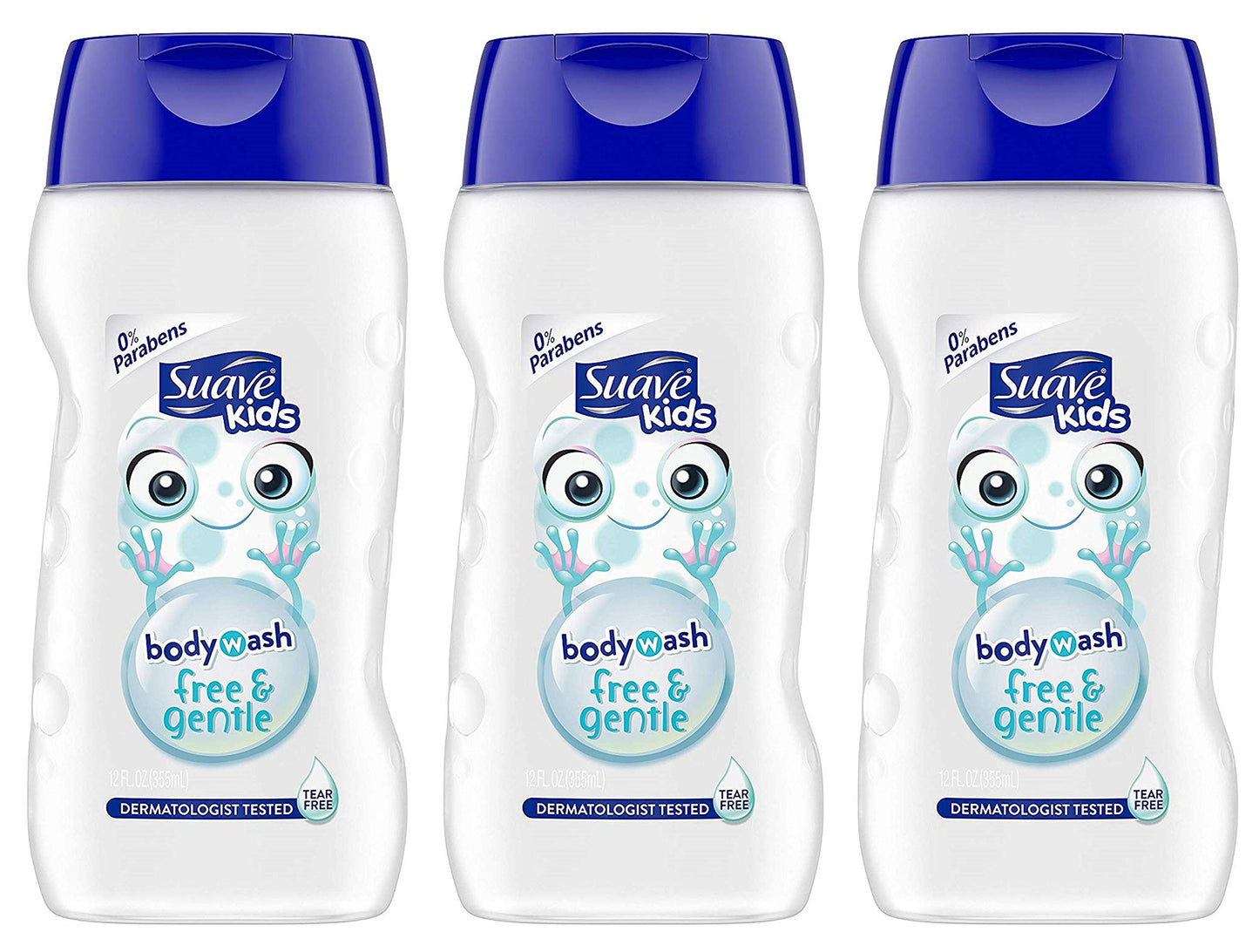 Suave Kids Free & Gentle Body Wash – Tear Free, 0% Parabens, 12 fl oz (355 mL) per Bottle, Pack of 3