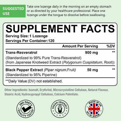 Sublingual Trans-Resveratrol Purity 99% – 3-in-1 NAD+ Boost, Immune & Energy Support | 120 Lozenge