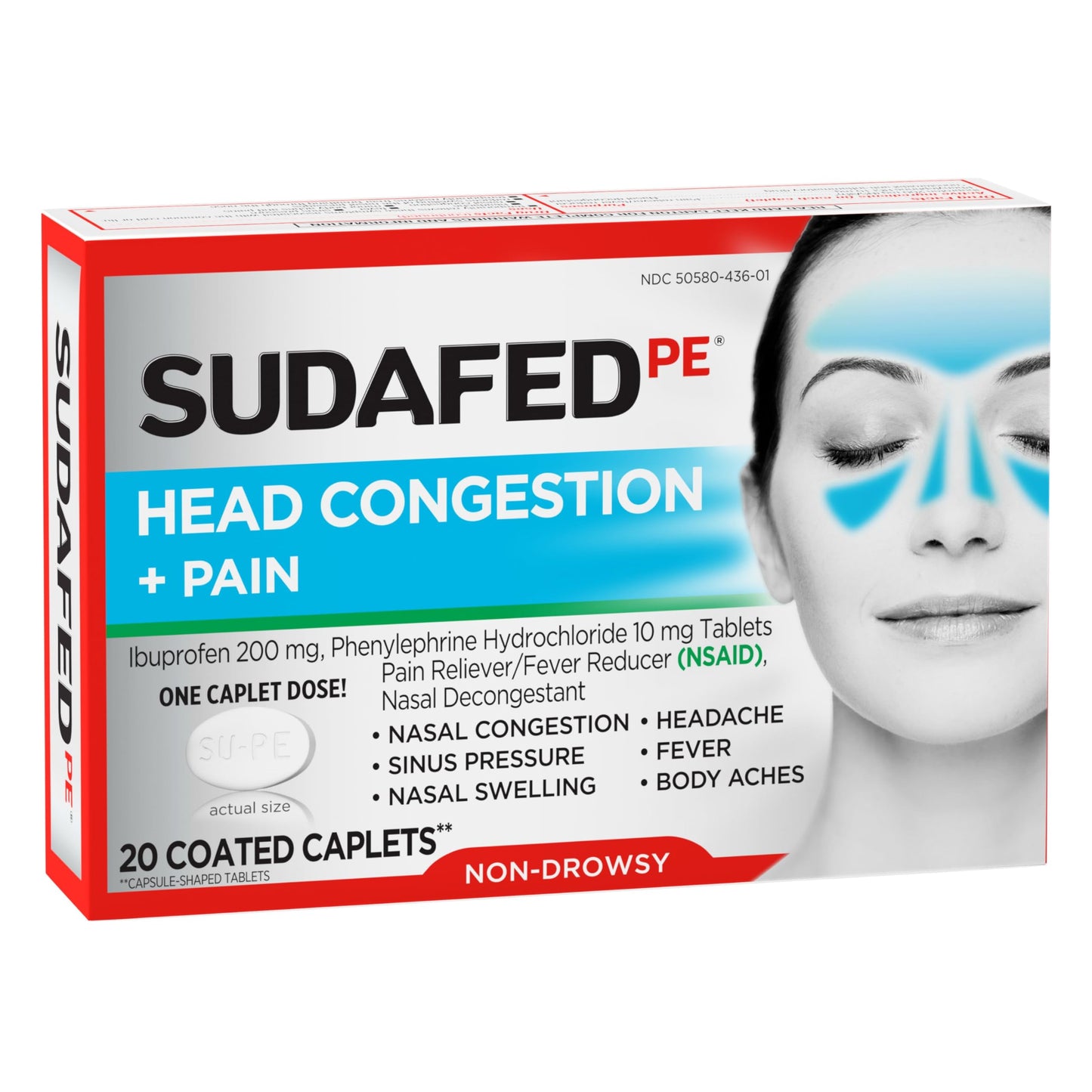 Sudafed PE Non-Drowsy Head Congestion + Pain Relief Caplets with Ibuprofen 200 mg & Phenylephrine HCl 10 mg – 20 ct