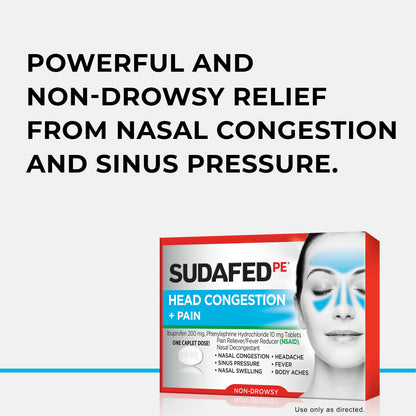 Sudafed PE Non-Drowsy Head Congestion + Pain Relief Caplets with Ibuprofen 200 mg & Phenylephrine HCl 10 mg – 20 ct