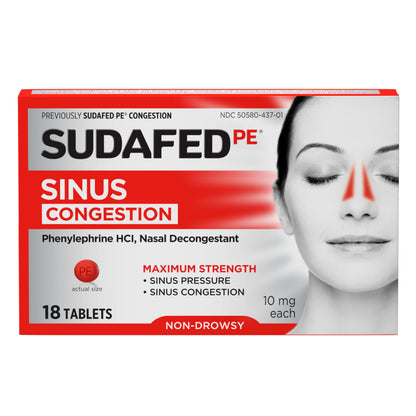 Sudafed PE Sinus Congestion Relief Tablets – Maximum Strength, Non-Drowsy 10 mg