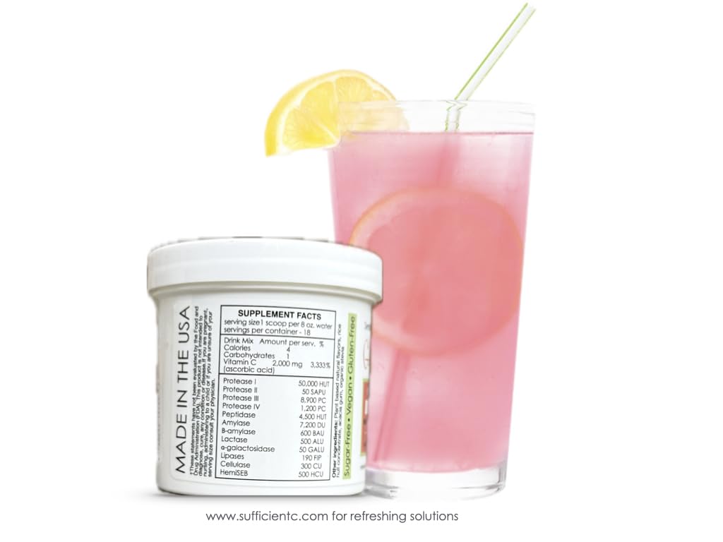 Sufficient C - Glutenizer Force Plus Kiwi-Strawberry Digestive-Ade Drink Mix | Premium Full Spectrum Enzyme Blend + 2,000 mg Vitamin C