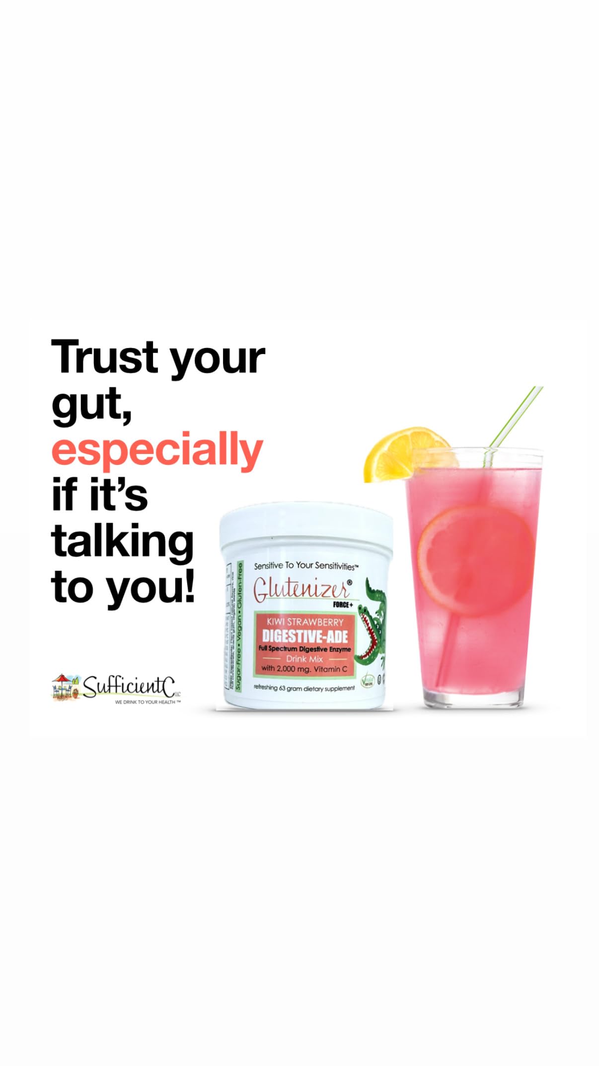 Sufficient C - Glutenizer Force Plus Kiwi-Strawberry Digestive-Ade Drink Mix | Premium Full Spectrum Enzyme Blend + 2,000 mg Vitamin C