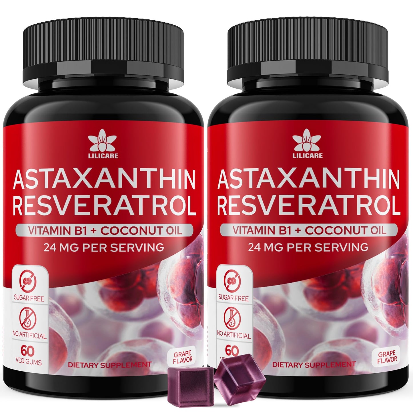 Sugar-Free Astaxanthin 24mg Gummies with Resveratrol – Vegan, Non-GMO, 120 Servings