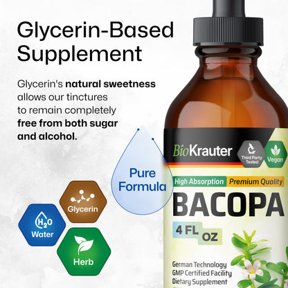 BIO KRAUTER Bacopa Monnieri Liquid – Brain Support Drops (Alcohol & Sugar Free) 4 Fl Oz