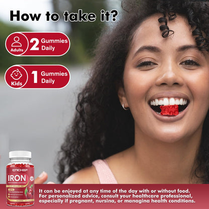 Iron Gummies for Adults & Kids – Cherry Flavor, Ferrous Bisglycinate