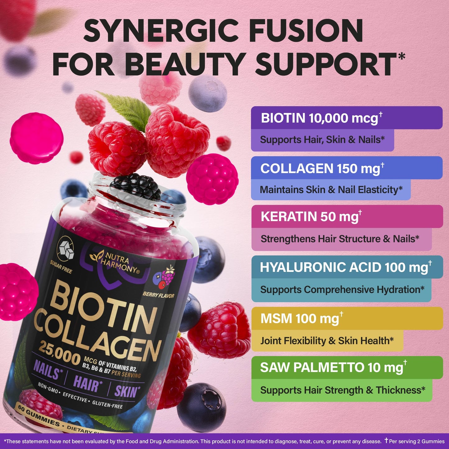 Biotin Gummies with Collagen 10,000 mcg – Hair, Skin & Nails Support (Sugar-Free, Mixed Berry) 60 Gummies