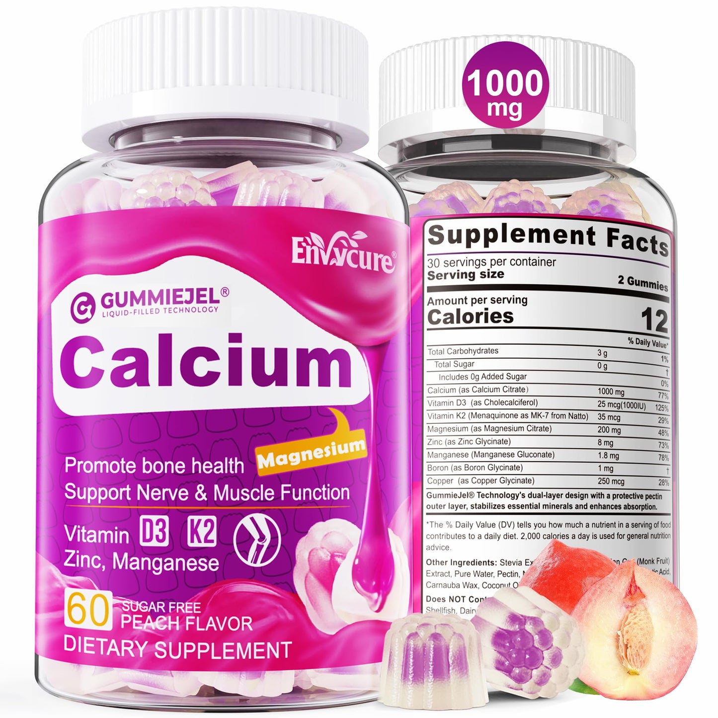 Sugar Free Calcium Citrate Gummies 1000mg – Vegan D3/K2 (60 ct)