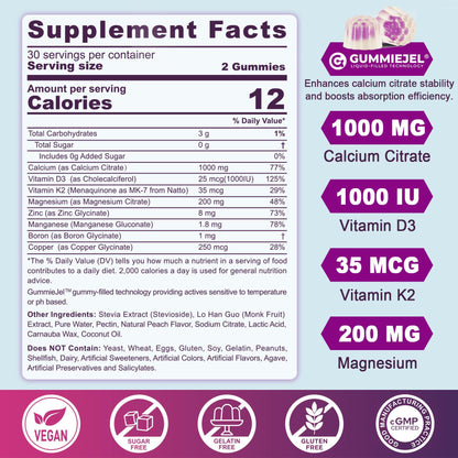 Sugar Free Calcium Citrate Gummies 1000mg – Vegan D3/K2 (60 ct)