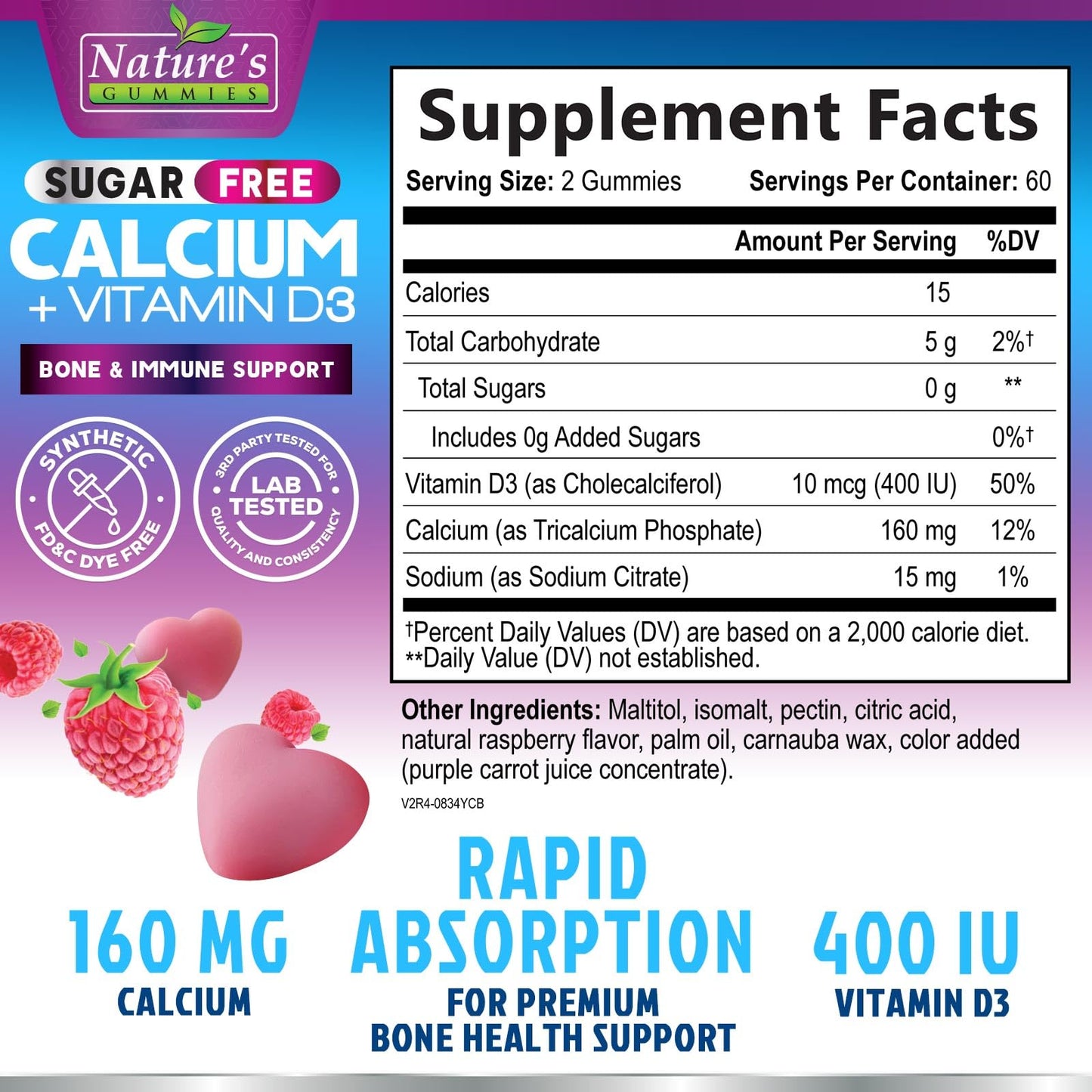 Calcium Gummies with Vitamin D3 (400 IU) - Sugar Free, 120 Count | Supports Immune Health & Bones