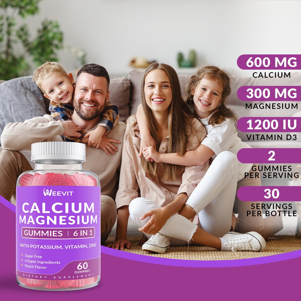 Sugar Free Calcium Gummies with Vitamin D3 & K2 – Vegan Algae Calcium, Calcium Magnesium Zinc, 2:1 Calcium:Magnesium