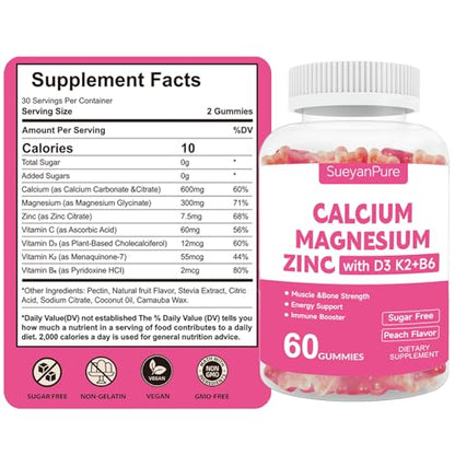 Sugar Free Calcium Magnesium Zinc Gummies with Vitamin D3 C B6 K2 – 600mg Calcium, 300mg Magnesium (60 Count)