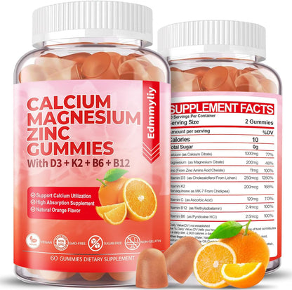 Sugar Free Calcium Magnesium Zinc Gummies with Vitamin D3 & B12 – Immune Support (120 Count)