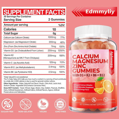 Sugar Free Calcium Magnesium Zinc Gummies with Vitamin D3 & B12 – Immune Support (120 Count)