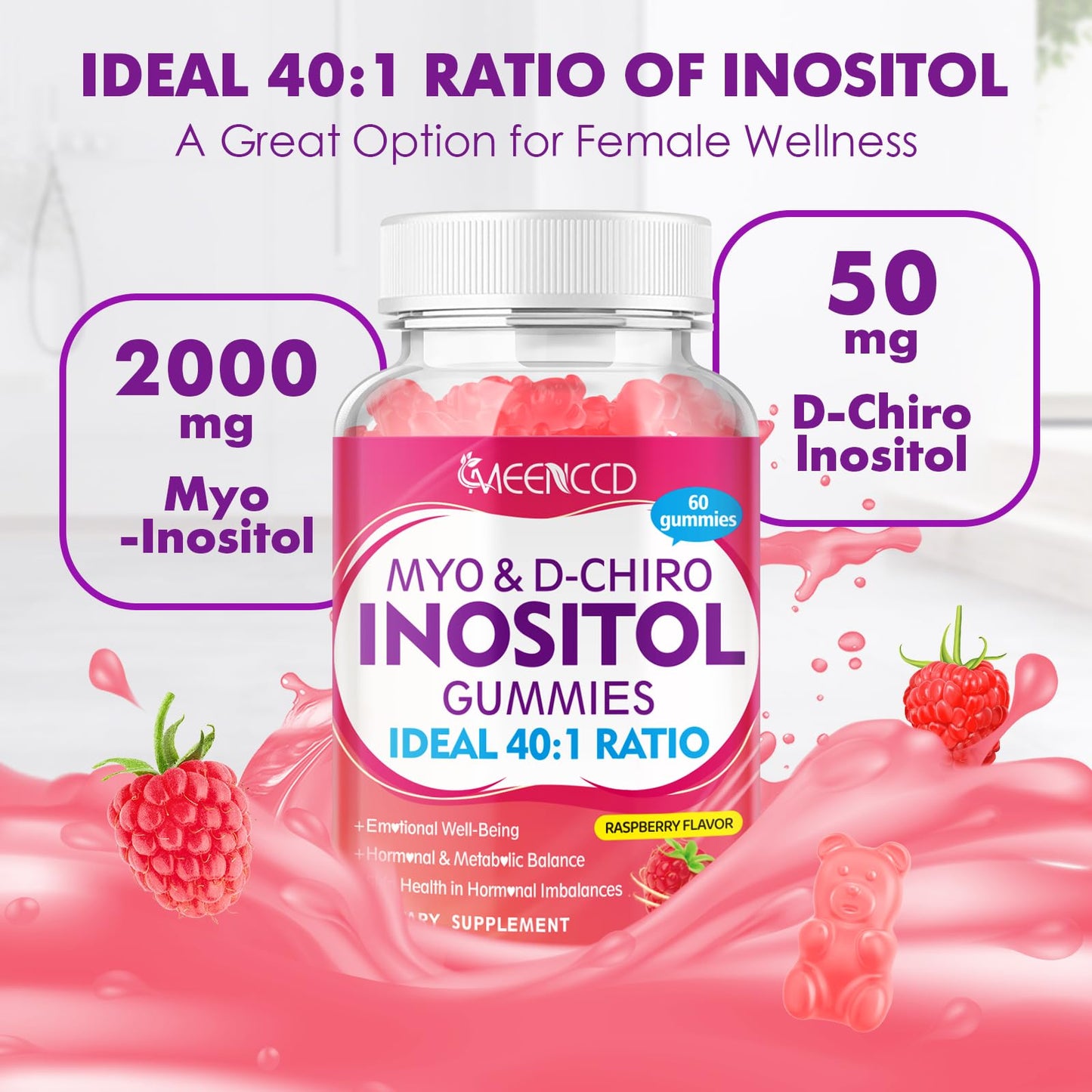 2-Pack Myo-Inositol and D-Chiro Inositol Gummies – 40:1 Ratio, Raspberry Flavor, 120 Count