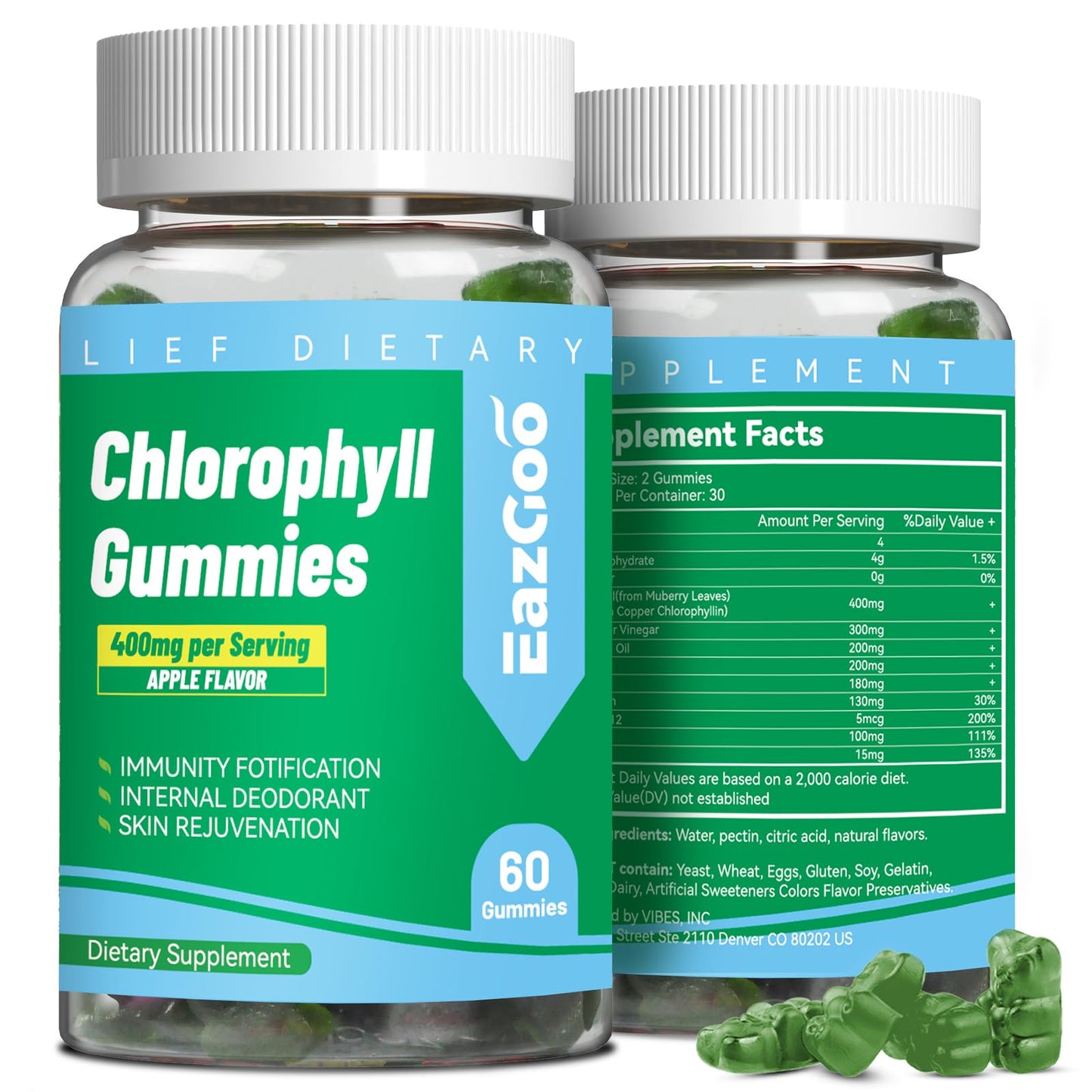Sugar Free Chlorophyll Gummies with Vitamin B12 & Zinc – Detox, Immune & Digestion Support (60 Count) | Women