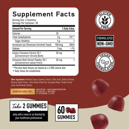 Sugar-Free Cinnamon Gummies 2000MG – Ceylon & Cassia Cinnamon Complex | Vegan, Gluten-Free | 60 Gummies