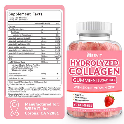 Sugar Free Collagen Gummies for Women – Multi-Collagen I II III V X + Biotin & Vitamins