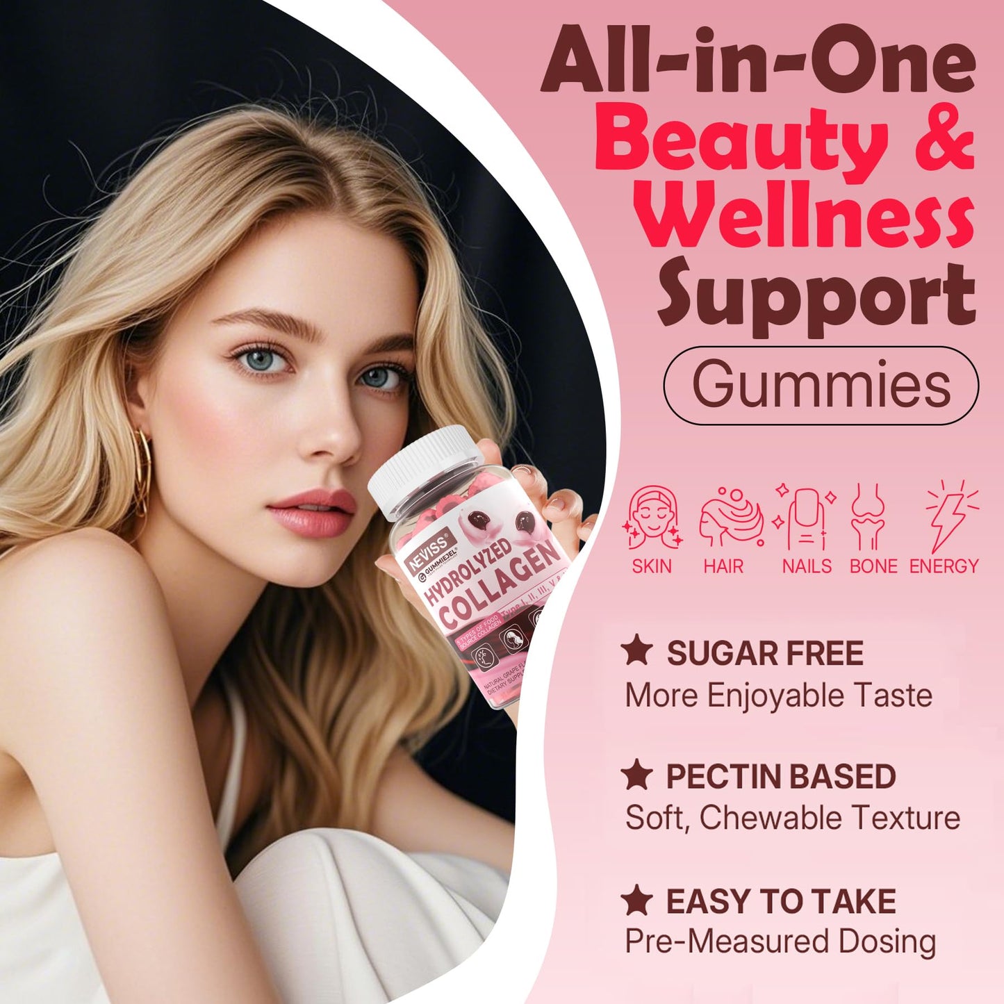 Hydrolyzed Collagen Gummies with Vitamin D3 & Biotin – Multi-Type I II III V X, Sugar Free, 60ct
