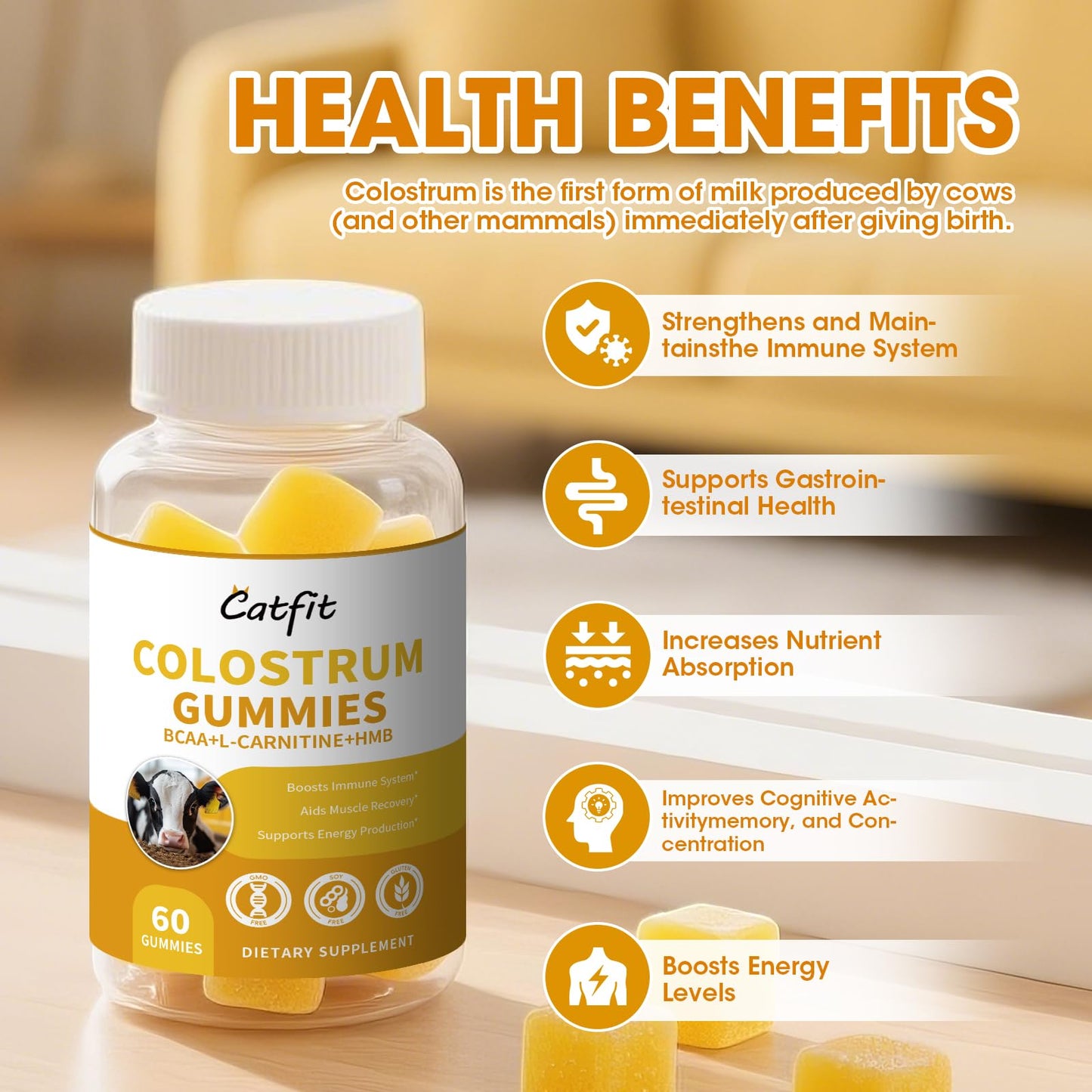 Sugar-Free Colostrum Gummies – Grass-Fed, 40% IgG, Orange, 60 Gummies