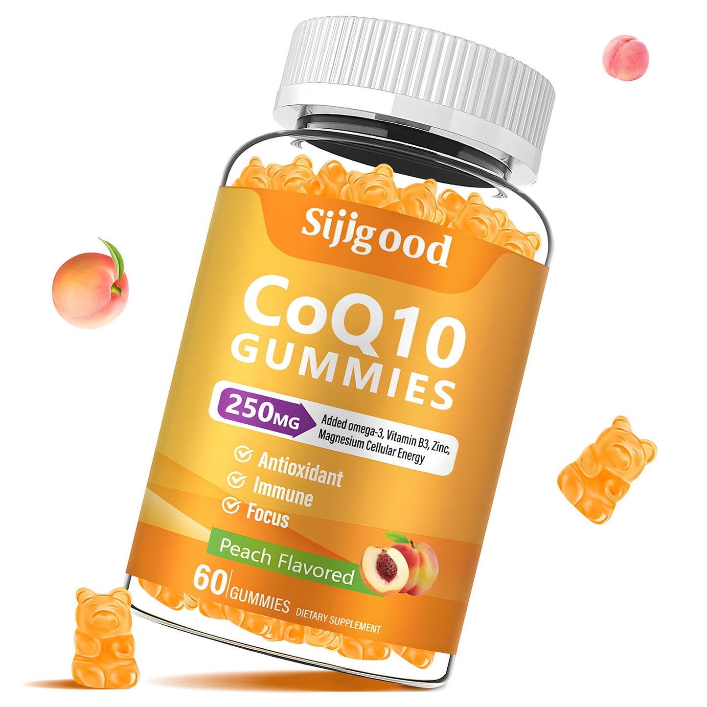 Sugar Free CoQ10 Gummies with Omega-3, Vitamin B3, Zinc & Magnesium – 5X Absorption, Peach Flavor (60 count)