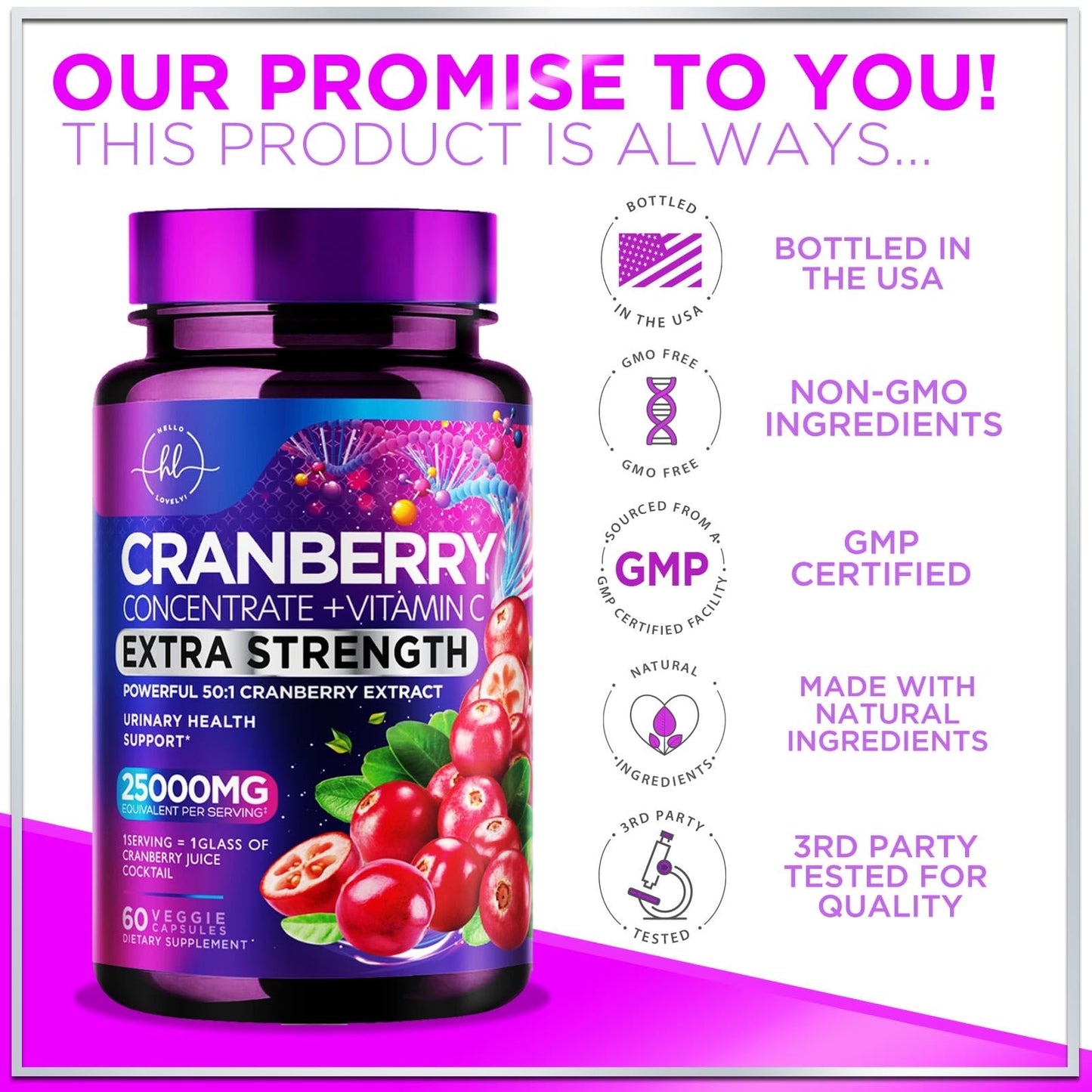 Cranberry Pills 25,000mg 3X Strength with Vitamin C | Sugar-Free, 60 Capsules
