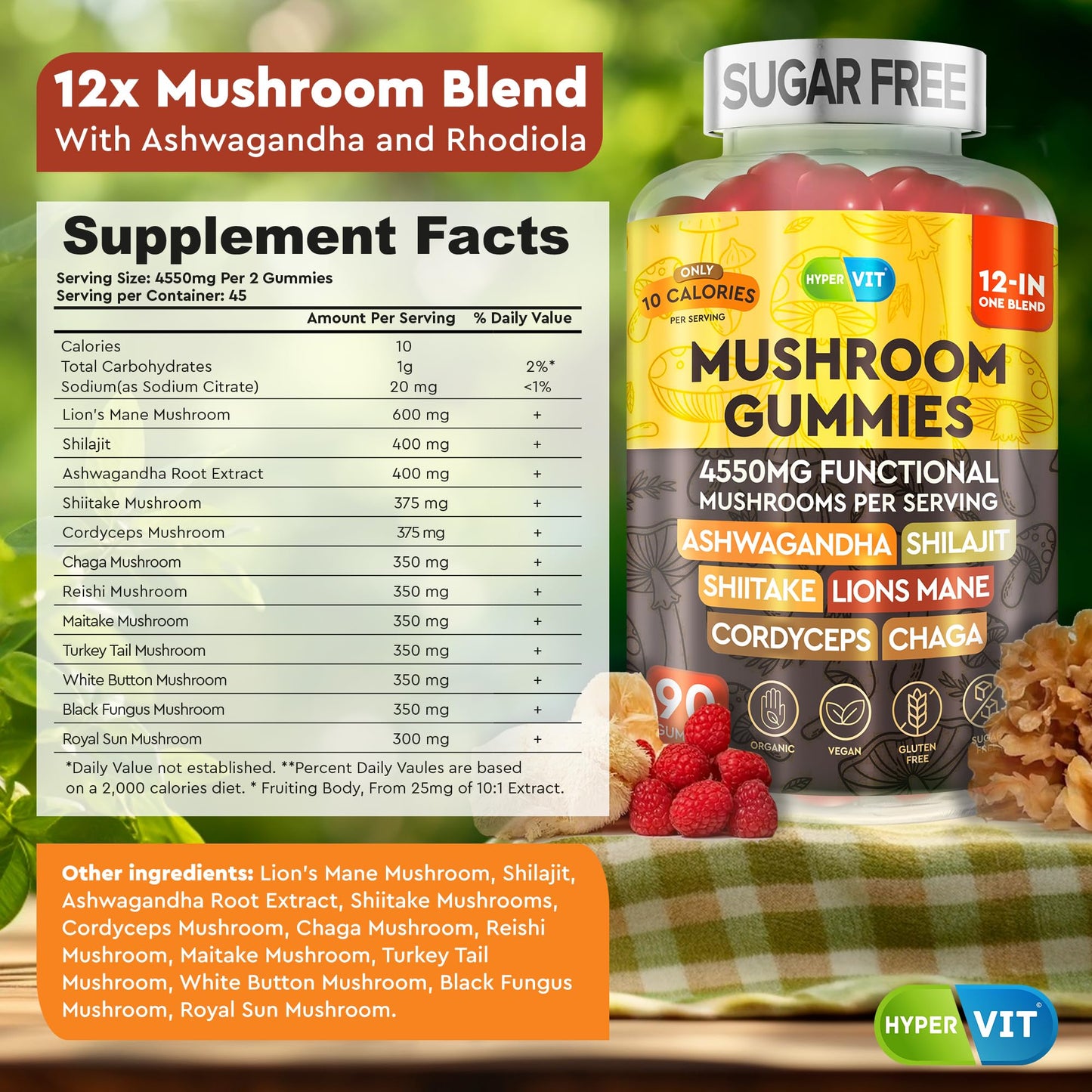 12in1 Mushroom Gummies 4550mg with Ashwagandha & Shilajit – Sugar Free, 90 Count (45 Servings) | Energy & Focus