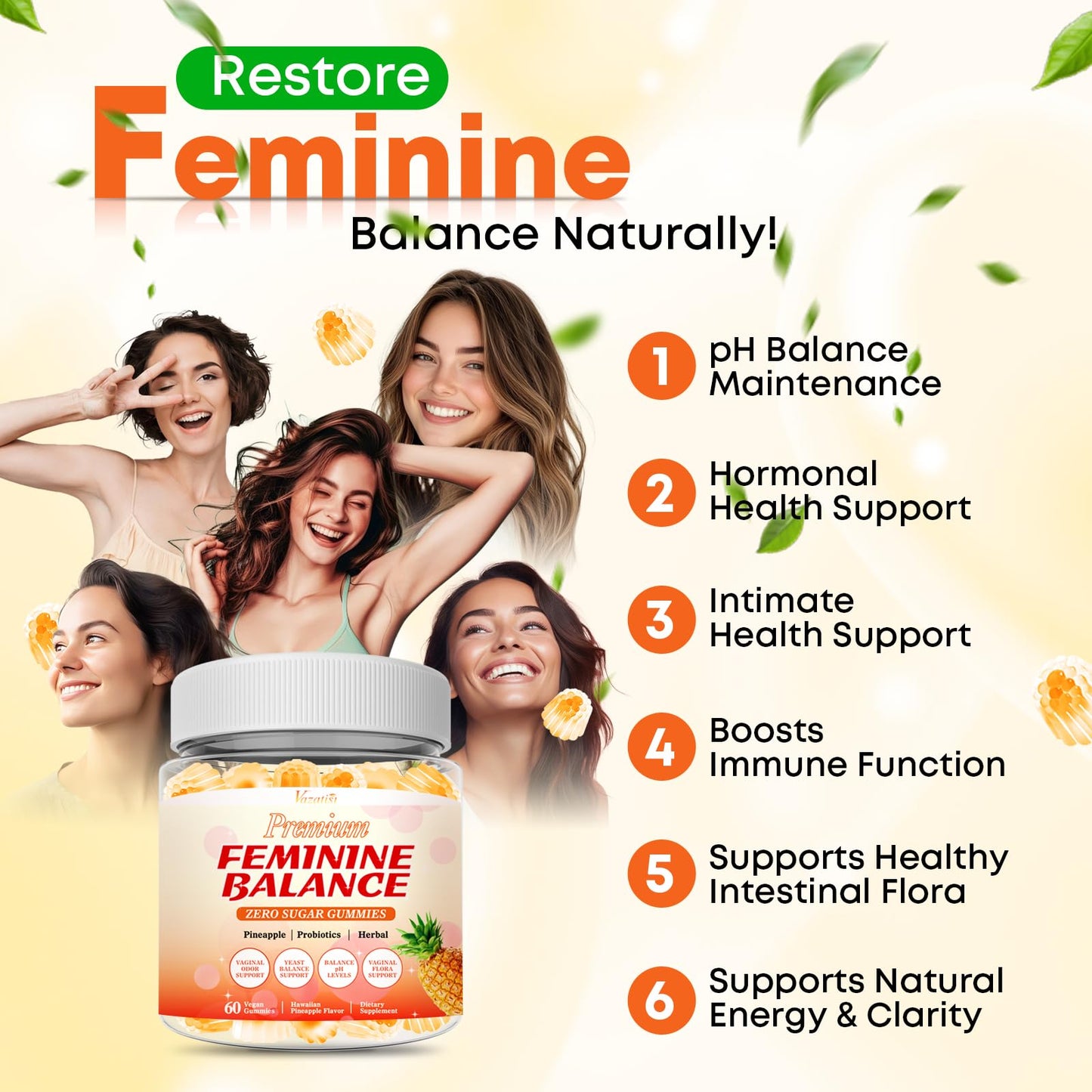 Sugar Free Feminine Balance Gummies for Women – Pineapple Flavor, pH Balance & Flora Support – Vegetarian Friendly – 60 Count