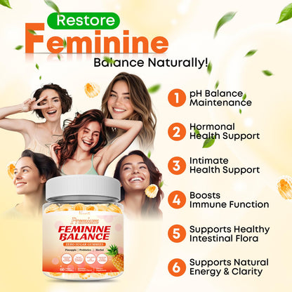 Sugar Free Feminine Balance Gummies for Women – Pineapple Flavor, pH Balance & Flora Support – Vegetarian Friendly – 60 Count