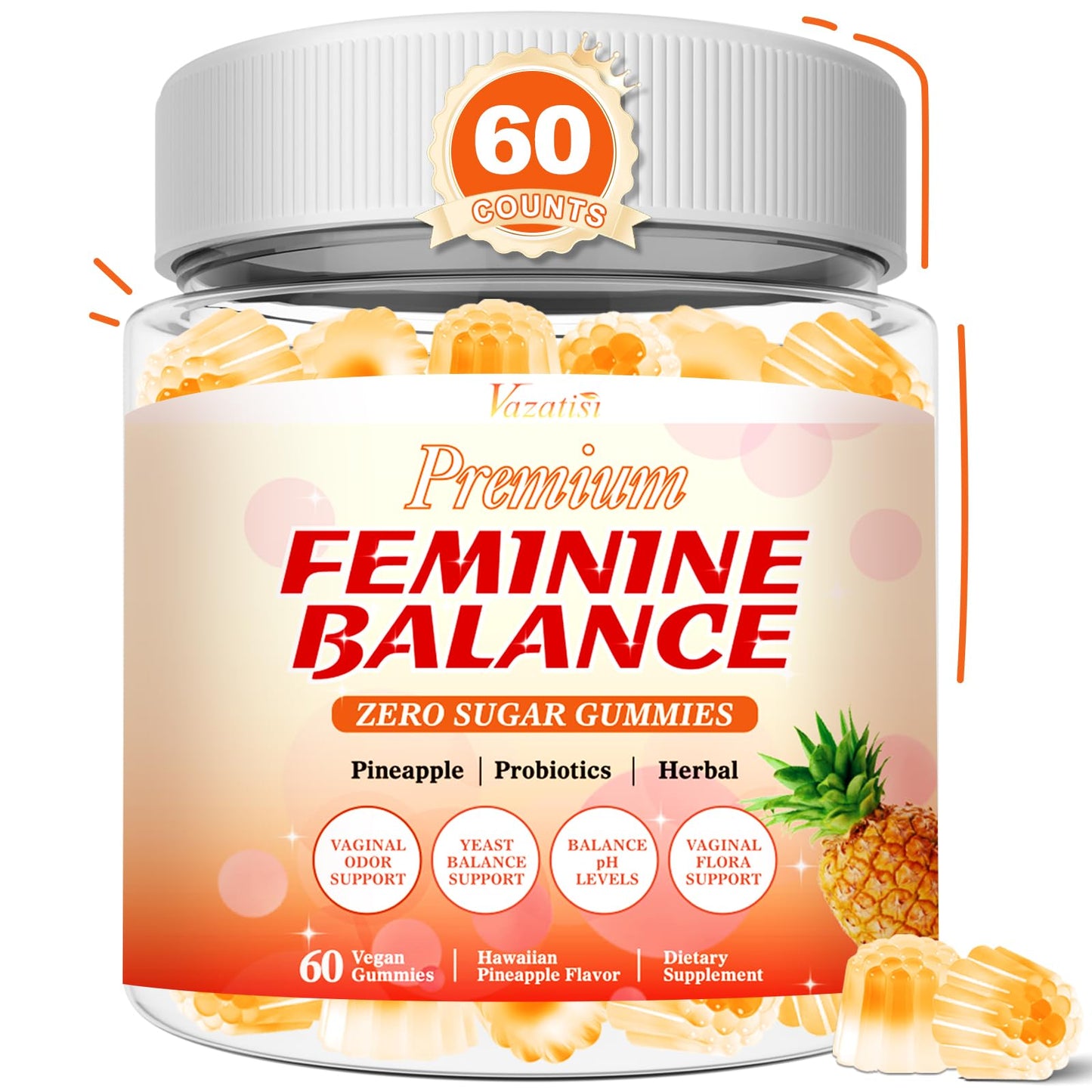 Sugar Free Feminine Balance Gummies for Women – Pineapple Flavor, pH Balance & Flora Support – Vegetarian Friendly – 60 Count