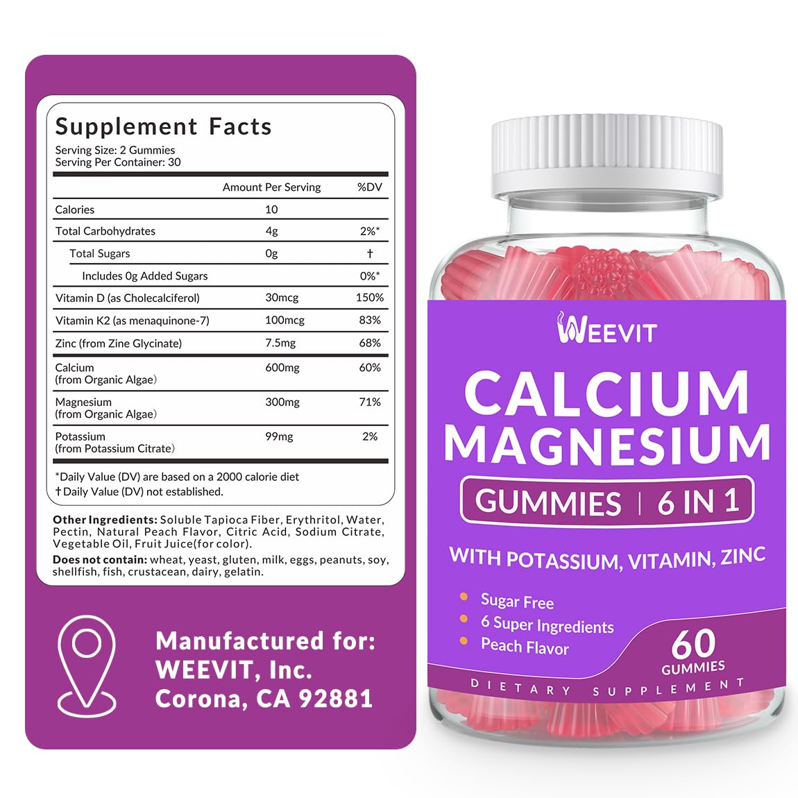 Sugar Free Calcium Gummies with Vitamin D3 & K2 – Vegan Algae Calcium, Calcium Magnesium Zinc, 2:1 Calcium:Magnesium
