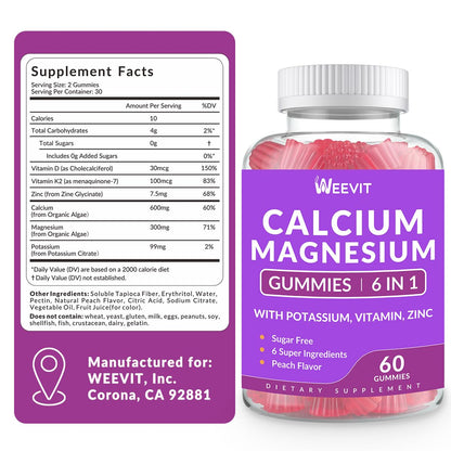 Sugar Free Calcium Gummies with Vitamin D3 & K2 – Vegan Algae Calcium, Calcium Magnesium Zinc, 2:1 Calcium:Magnesium