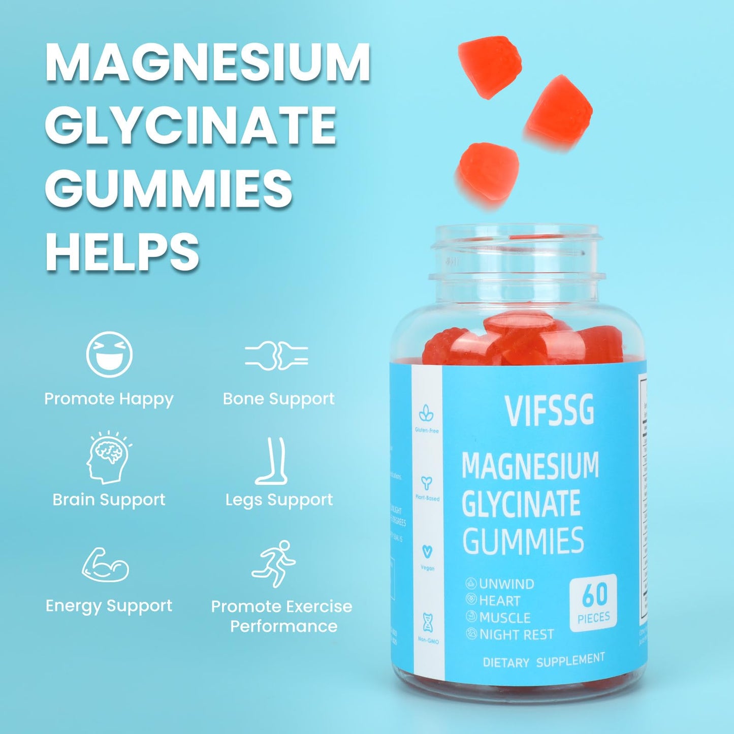 Magnesium Glycinate Gummies 400mg + 200mg L-Threonate – Sugar Free, Vegan, 60 Count